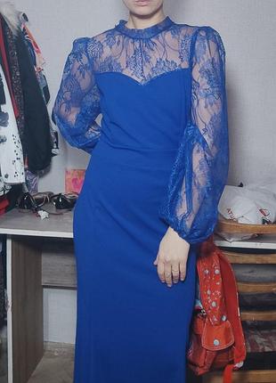 Довге синє плаття вечірнє плаття з мереживом максі в підлогу батал великий розмір 2-3 хл новорічне плаття електрик