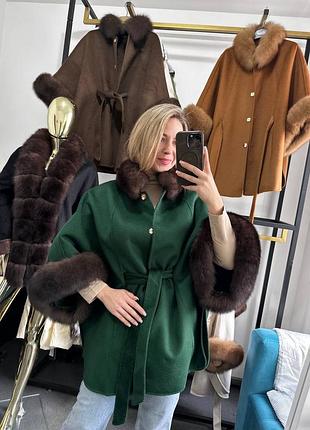 Пончо пальто с натуральным мехом песца, s-2xl