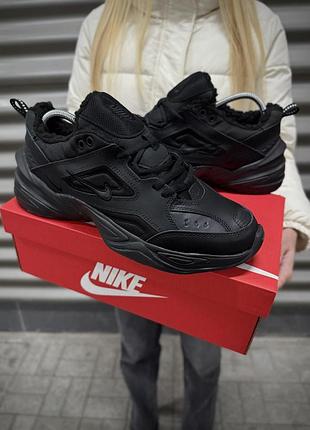 Зимові шкіряні кросівки air m2k tecno з хутром чорні чоловічі з натурального шкіри