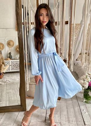 Распродажа 🏷 праздничное шелковое платье миди под пояс с рукавами фонариками