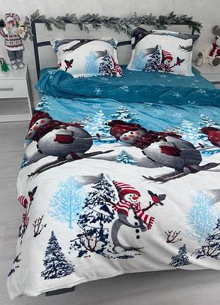 Велюровое новогоднее теплое постельное белье евро комплект