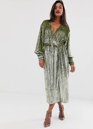 Сукня з паєтками asos міді із запахом та поясом