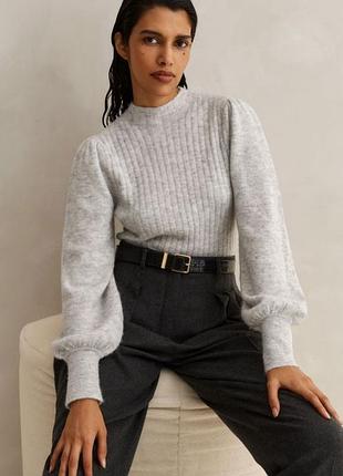 Брендовий светр сірий джемпер з надтонкої альпаки з рукавами-пуфами | me+em вовняний