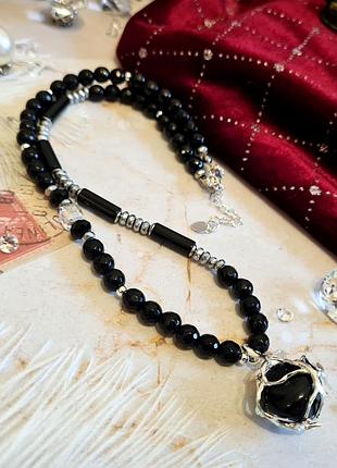 🔺✨🖤стильне кольє-чокер з граненого чорного агату  та підвіскою з соколиного ока