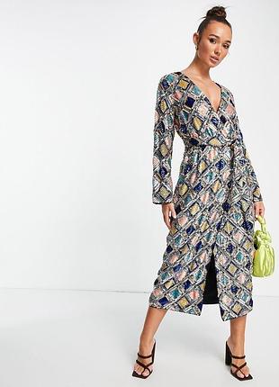Вечірня сукня asos у паєтках міді із запахом, мультиколор