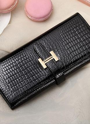 Кошелек женский кожаный черный лаковый с визитницей и пряжкой 19х9х3 см под питона, портмоне, бумажник