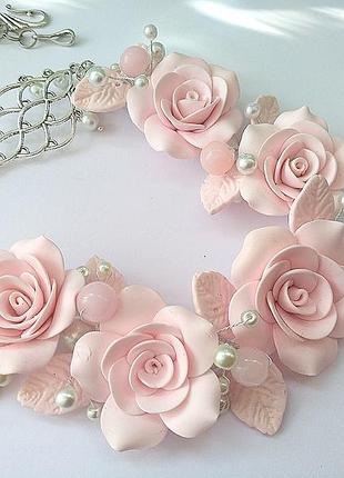 Колье и серьги с большими розовыми розами