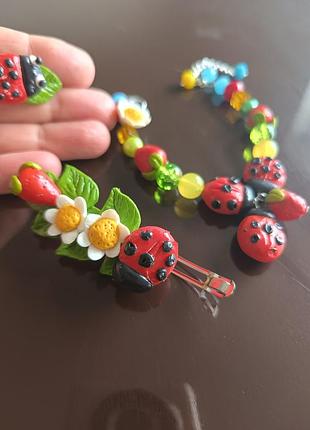 Детская бижутерия браслет, серьги, заколка с ромашками, божьими коровками из полимерной глины