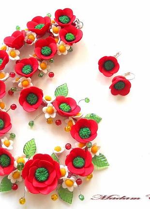 Колье и серьги с маками и ромашками из полимерной глины