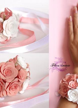 "бело-персиковые розы" авторский браслет на руку с цветами