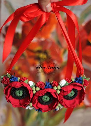 Колье в украинском стиле ручной работы "маки"(симетричное) из полимерной глины