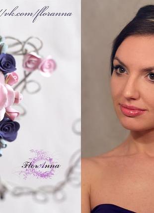 Комплект украшений ручной работы. обруч и серьги с розами из полимерной глины.