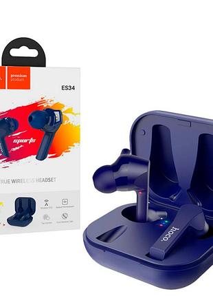 Беспроводные bluetooth блютуз наушники с микрофоном кейсом-зарядкой hoco es34, ios/android bluetooth v5, синие