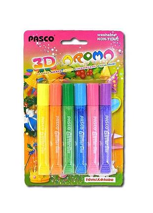 Клей силиконовый с блестками на картоне "pasco" aroma неоновые цвета (6 цветов,10 мл.)