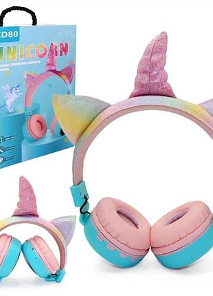 Беспроводные bluetooth блютз наушники единорожка с ушками и рогом с подсветкой kd80 детские наушники единорог