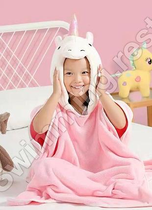 Уголок полотенце халат пончо для детей с капюшоном микрофибра супер качество розовый единорог