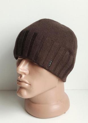 Шапка чоловіча трикотажна вовняна астон leks осінь зима на флісі без одвороту шоколад