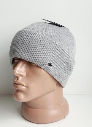 Шапка мужская трикотажная шерстяная скай leks осень зима на флисе с отворотом серо-голубой