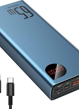 Power bank baseus зарядное устройство для ноутбука мощностью 65 вт, 20000 мач, быстрая зарядка usb синий