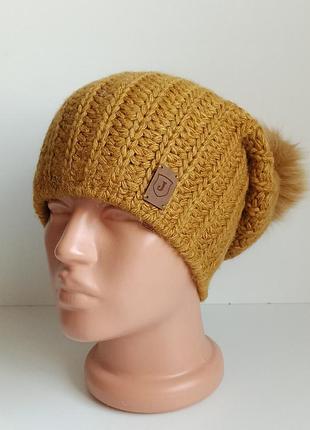 Распродажа остатков! женская вязаная шерстяная длинная шапка с помпоном оскар jolie осень зима горчица