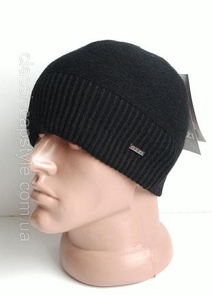 Шапка мужская шерстяная вязаная трикотажная ozzi чёрная на флисе