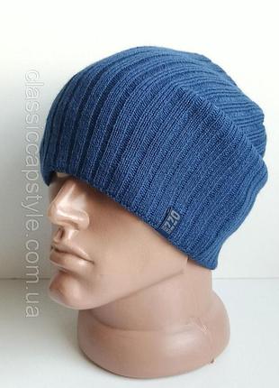 Шапка мужская женская трикотажная шерстяная колпак длинная номер 32 ozzi осень зима на флисе голубая