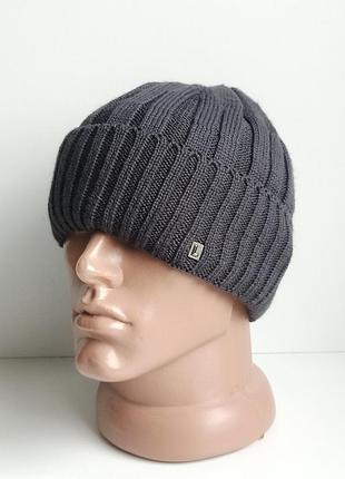 Шапка мужская трикотажная вязаная шерстяная гранд leks с отворотом на флисе осень зима антрацит