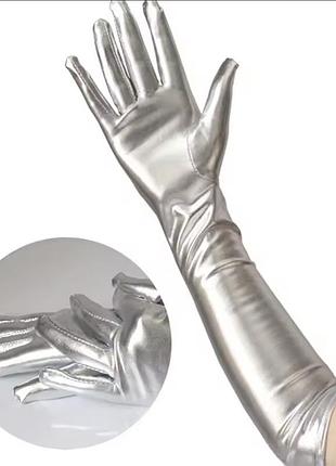 Довгі сріблясті рукавички срібло фатинові атласні оксамитові