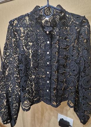 Ажурная черная блуза блузка кружевная с объемными рукавами