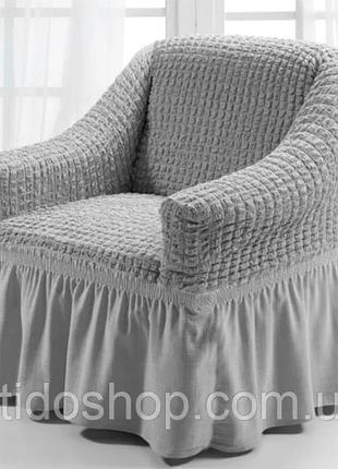 Натяжной чехол на кресло производства турция, чехлы на кресла с оборкой жатка серый