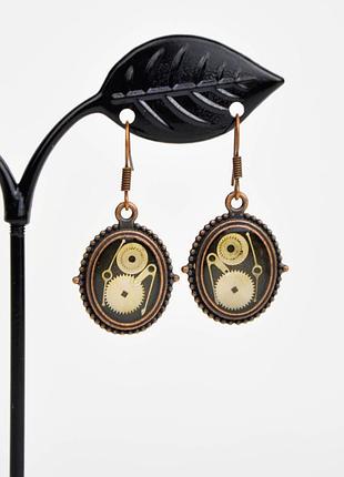 Стімпанк сережки з елементами годинникових механізмів мідні арт. 7730