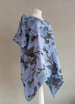 Роскошная льняная футболка туника свободного кроя в цветочный принт 100% лен италия