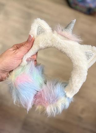 Хутряні зимові навушники з вушками і рогом єдиноріг