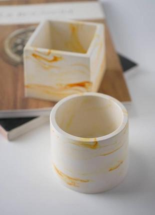 Гіпсові кашпо duo в техніці marble для кактусів і сукулентів, ємність для заливки свічок охра