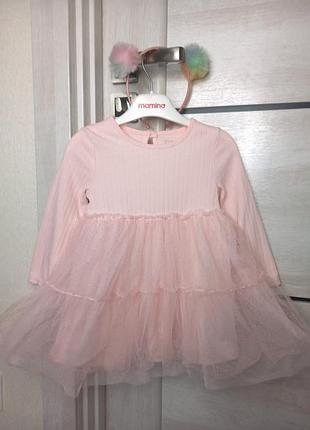 Нарядное розовое праздничное пышное новогоднее на новый год платье с длинным рукавом primark + ободок мешка медведик для девочки 9-12 мес 80 см