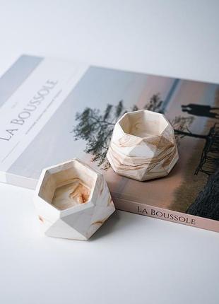 Гіпсові кашпо mini в техніці marble для кактусів і сукулентів, ємність для заливки свічок бежевий