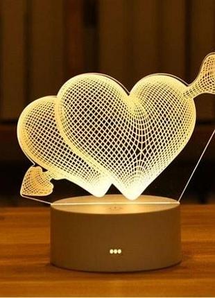 Ночник 3d светодиодный «2 сердца со стрелой» питания usb-порт/сеть белый тёплый