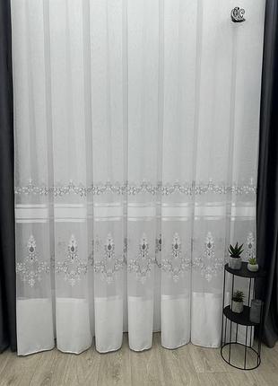 Тюль бамбук с серой вышивкой. тюль на бамбуковой основе с полосками