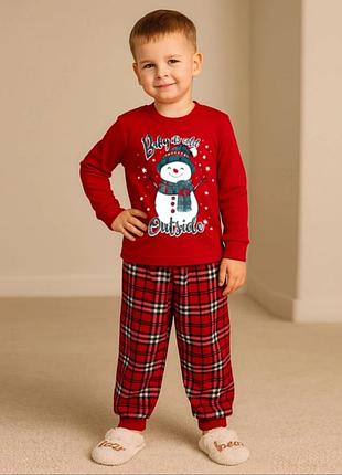 Красная пижама детская новогодняя в клетку, новогодняя красная пижама с начесом снеговик, пижама новогодняя на байке со снеговиком