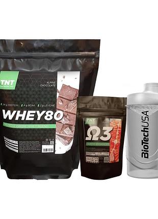 Комплект: сывороточный протеин 80% tnt, омега-3 tnt+ шейкер. шоколадный чизкейк