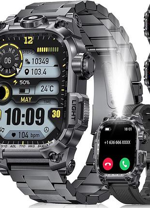 Мужские смарт-часы lige 2,01" военные со светодиодным фонариком для android ios