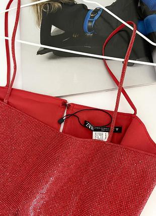 Топ в стрази zara червоний в камінці блискучий корсет на лямках