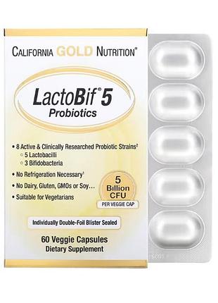 Lactobif 5, california gold nutrition, пробиотики, 5 млрд кое, 60 вегетарианских капсул