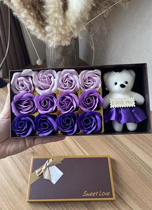 Подарочный набор с розами из мыла, розы из мыла 12 шт с плюшевым медведем, розы из мыла, набор мыла розы