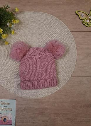 Дитяча в'язана зимова шапочка 6-9 міс f&f тепла шапка з флісовою підкладкою для дівчинки