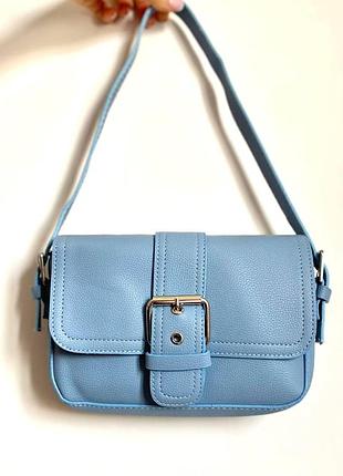 Голубая женская сумка-почтальонка на плечо с коротким ремешком