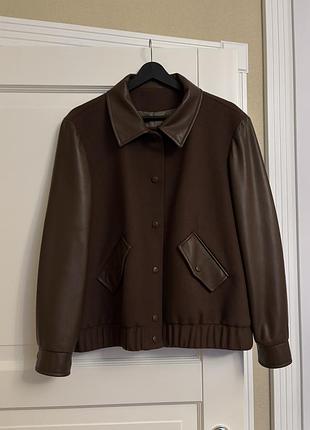 Кашеміровий шкіряний бомбер куртка із кашеміру та вовни коричневого кольору