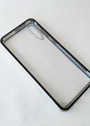 Чехол магнитный для samsung a50(sm-a505) чехол на самсунг а50 с закаленным стеклом с двух сторон металл и закаленное стекло, серебро