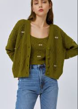 Натуральный укороченный объемный бохо кардиган-джемпер с вышивкой stradivarius