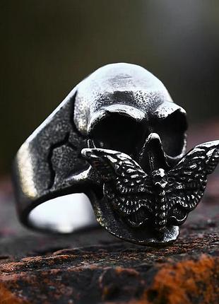 Кільце сріблясте чоловіче масивне нержавіюча сталь форма череп + метелик 21 размер